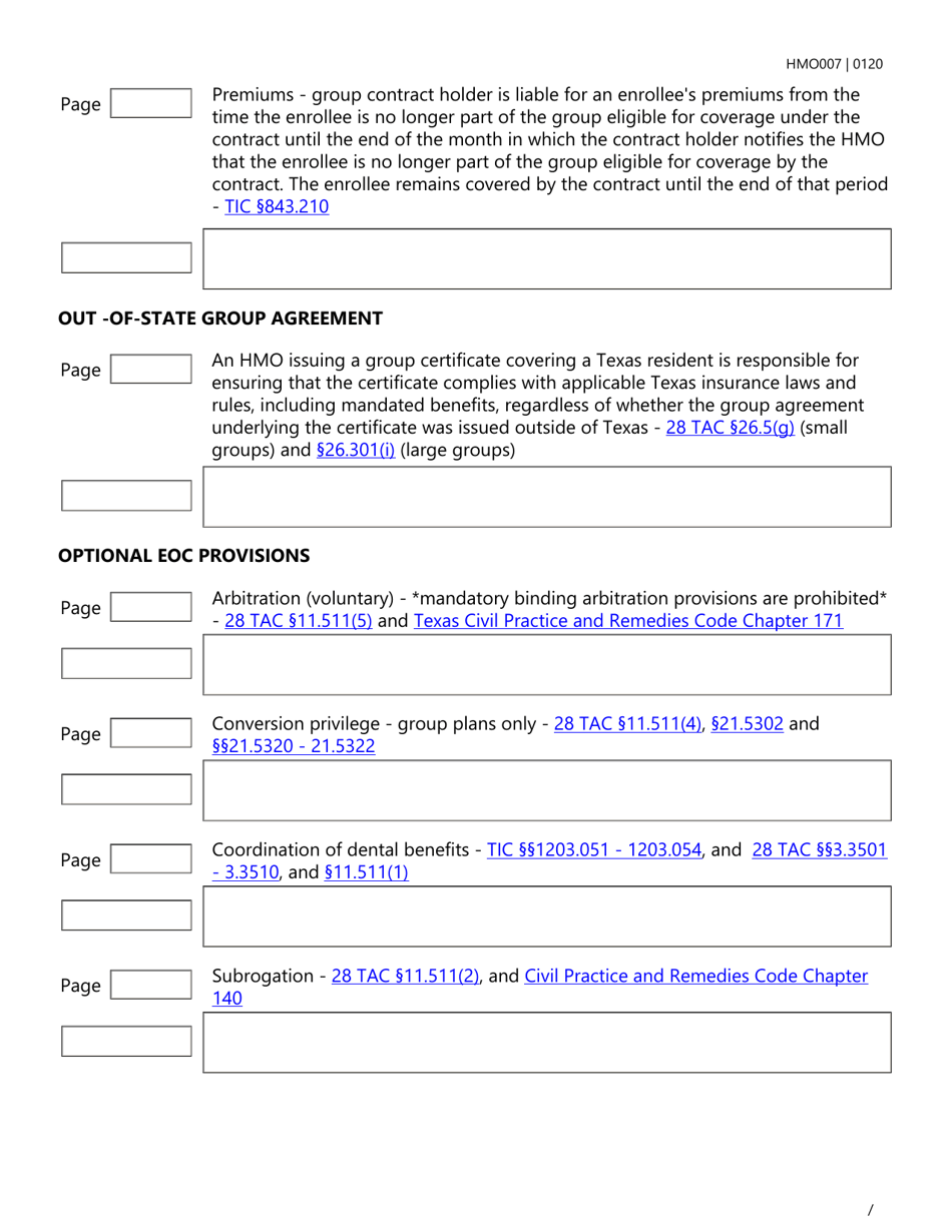 Form HMO007 Evidence of Coverage (Eoc) Checklist - Single Health Care Service Plan - Dental Care - Texas, Page 10