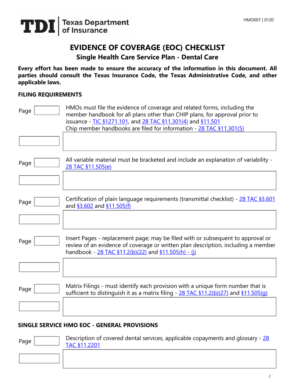 Form HMO007 Evidence of Coverage (Eoc) Checklist - Single Health Care Service Plan - Dental Care - Texas, Page 1