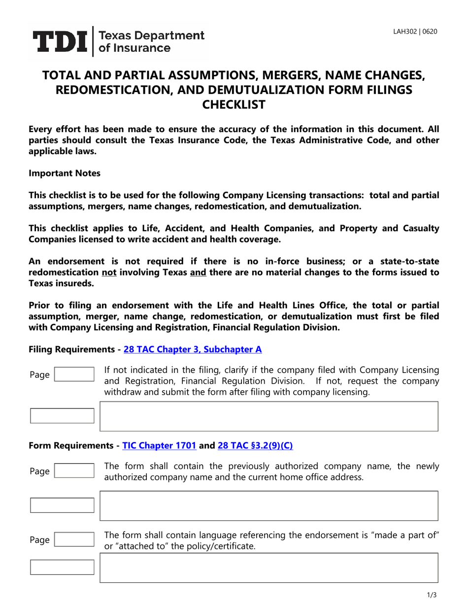 Form LAH302 Total and Partial Assumptions, Mergers, Name Changes, Redomestication, and Demutualization Form Filings Checklist - Texas, Page 1