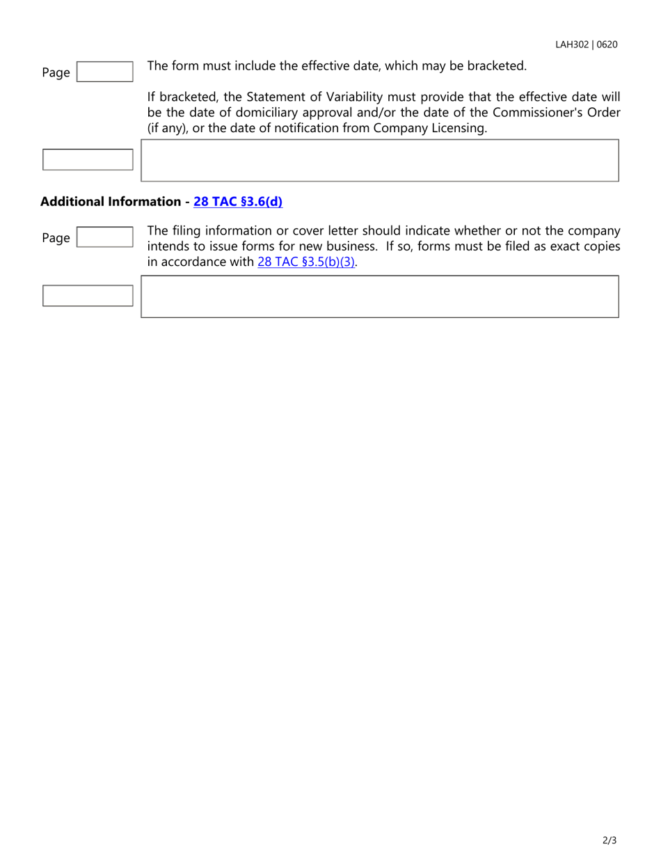 Form LAH302 Total and Partial Assumptions, Mergers, Name Changes, Redomestication, and Demutualization Form Filings Checklist - Texas, Page 2