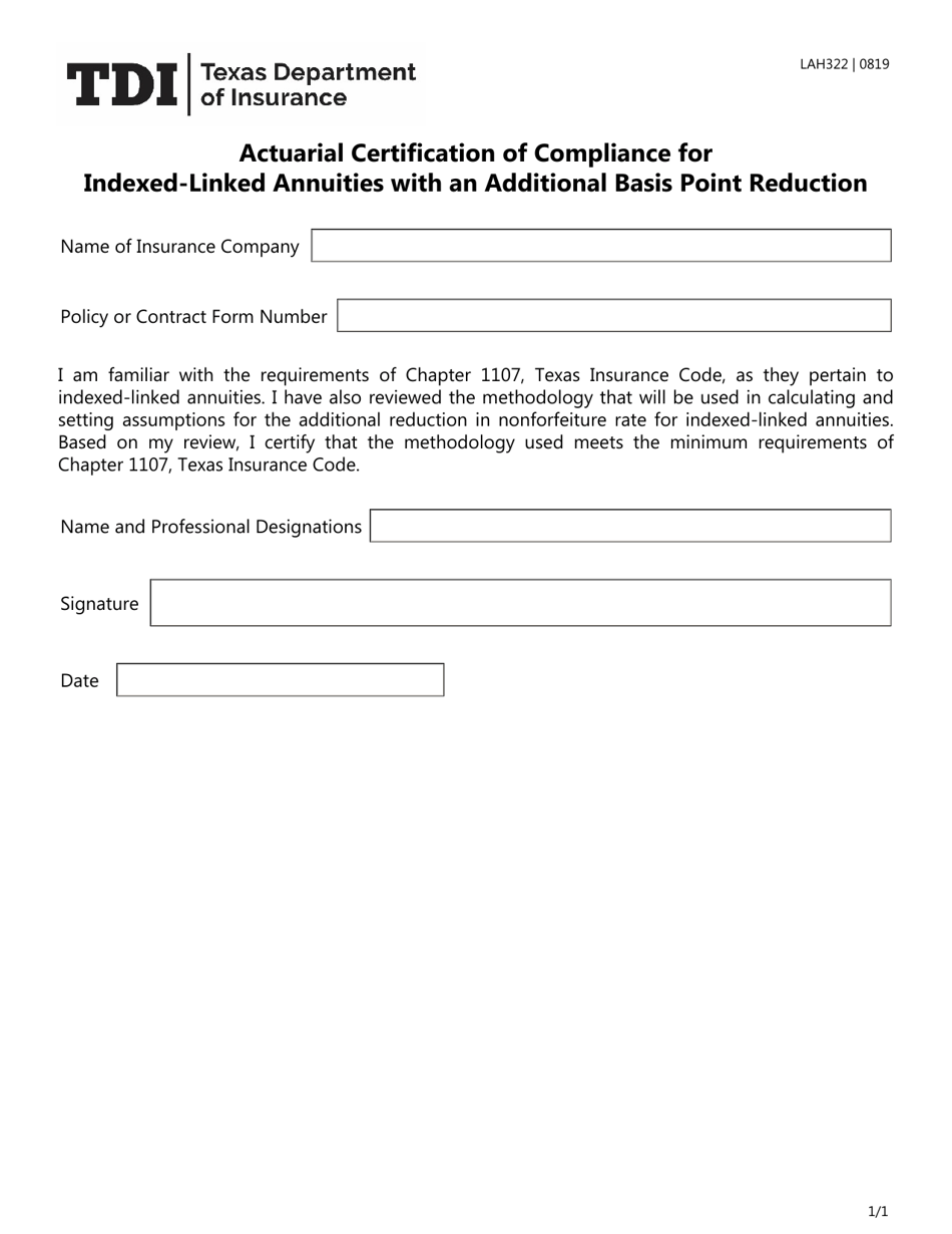 Form LAH322 Actuarial Certification of Compliance for Indexed-Linked Annuities With an Additional Basis Point Reduction - Texas, Page 1