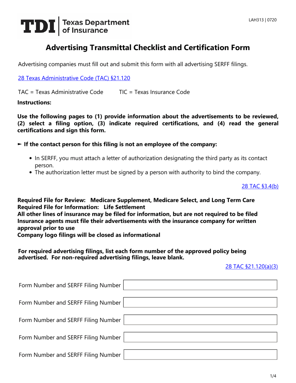 Form LAH313 Advertising Transmittal Checklist and Certification Form - Texas, Page 1