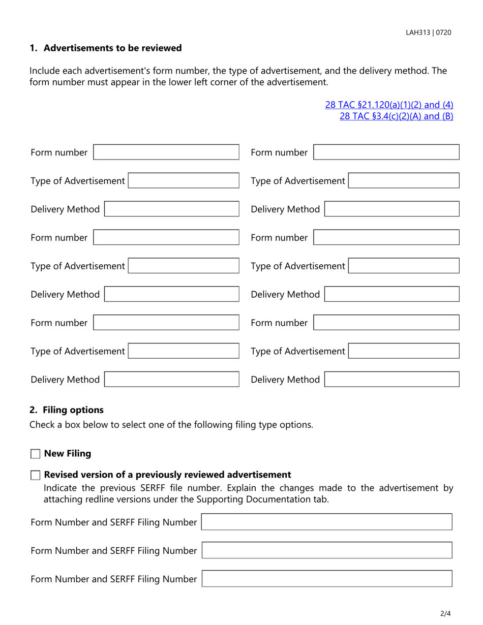 Form LAH313 Advertising Transmittal Checklist and Certification Form - Texas, Page 2