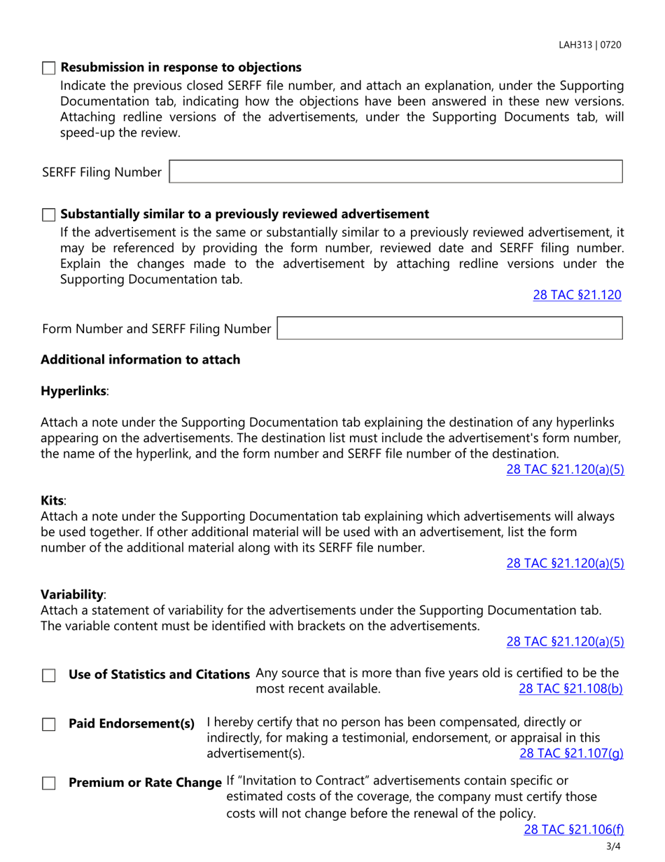 Form LAH313 Advertising Transmittal Checklist and Certification Form - Texas, Page 3