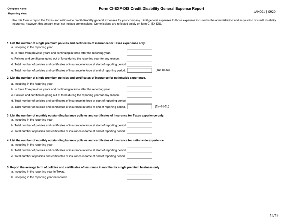Form LAH001 Credit Life and Credit Accident and Health Data Call - Texas, Page 15