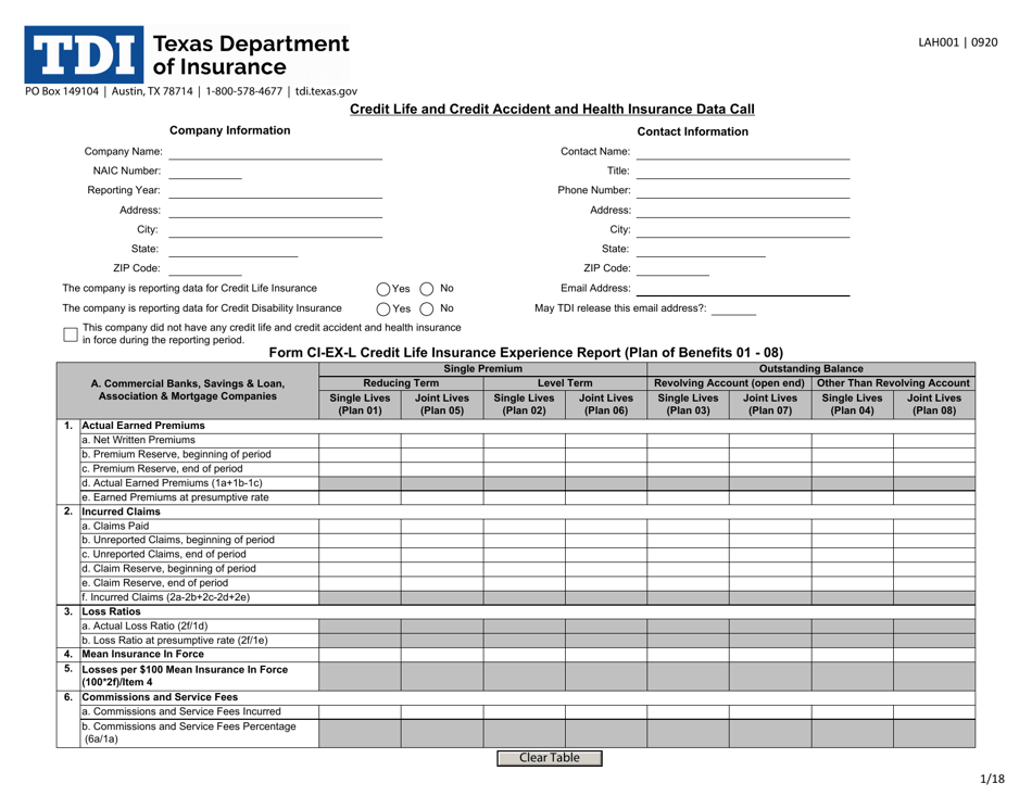 Form LAH001 Credit Life and Credit Accident and Health Data Call - Texas, Page 1