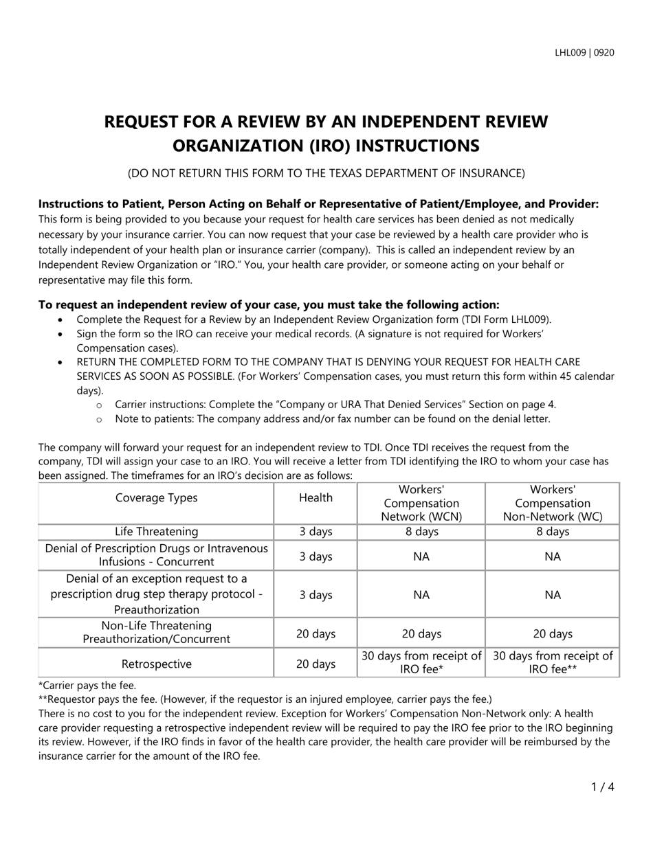 Form LHL009 Request for a Review by an Independent Review Organization - Texas, Page 1