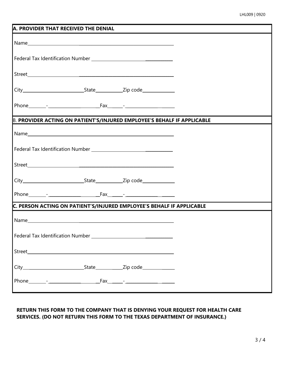 Form LHL009 Request for a Review by an Independent Review Organization - Texas, Page 3