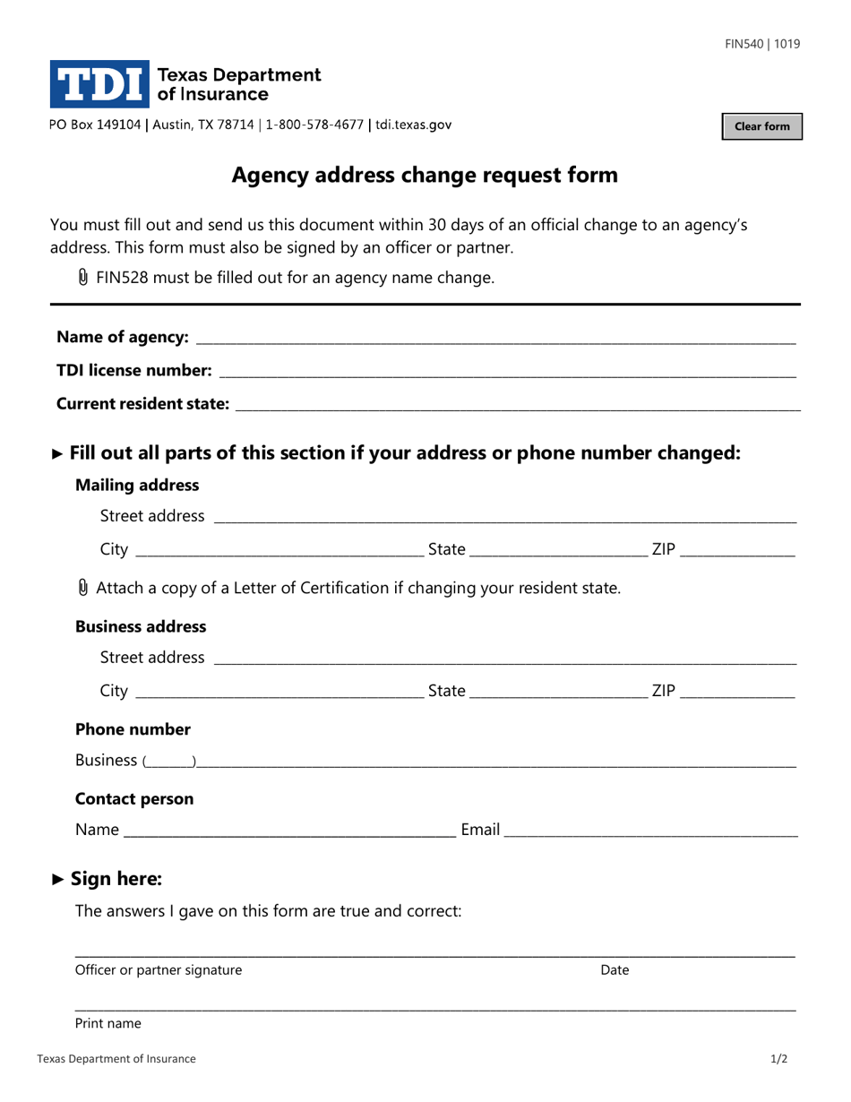 Form FIN540 Agency Address Change Request Form - Texas, Page 1