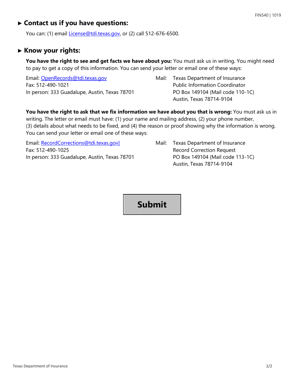 Form FIN540 Agency Address Change Request Form - Texas, Page 2