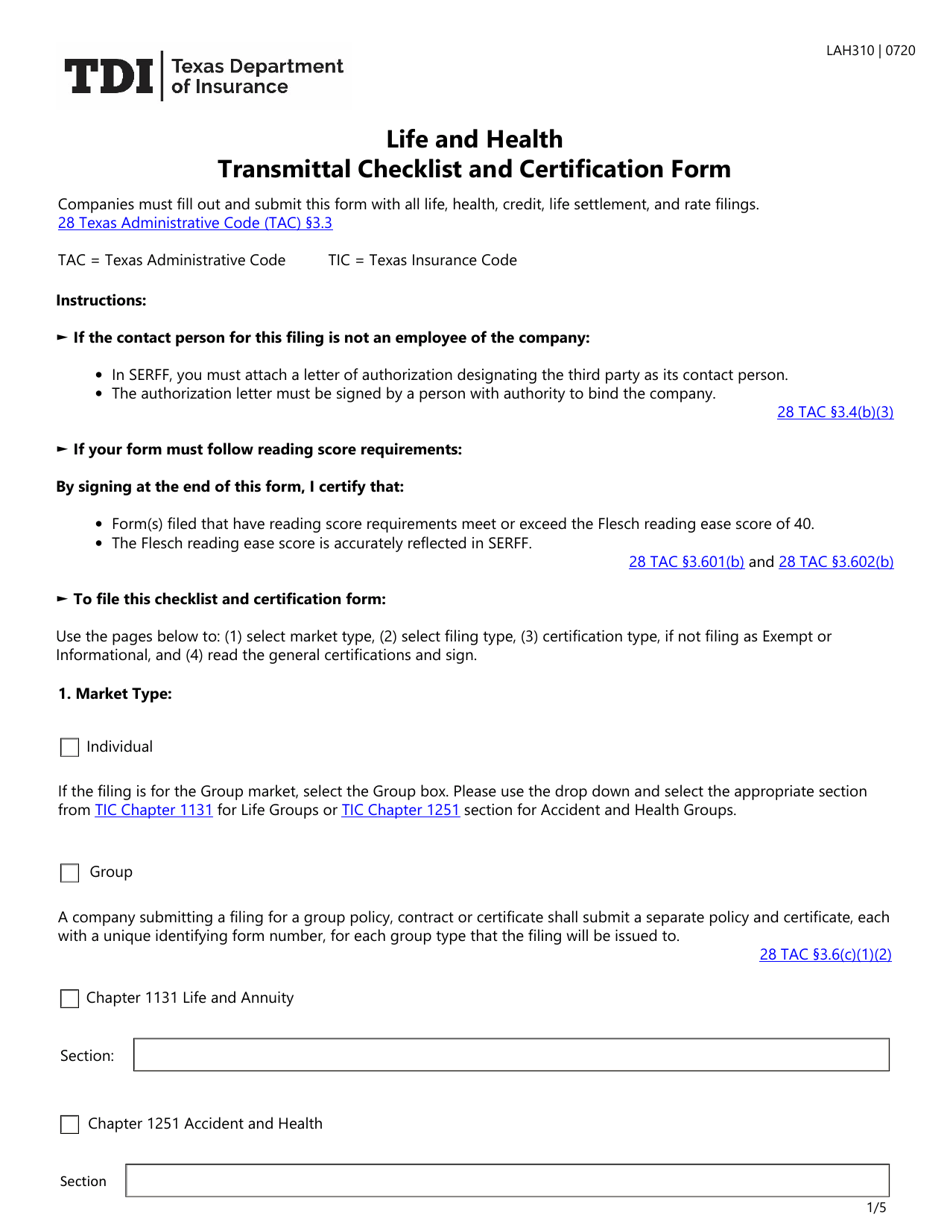 Form LAH310 Life and Health Transmittal Checklist and Certification Form - Texas, Page 1