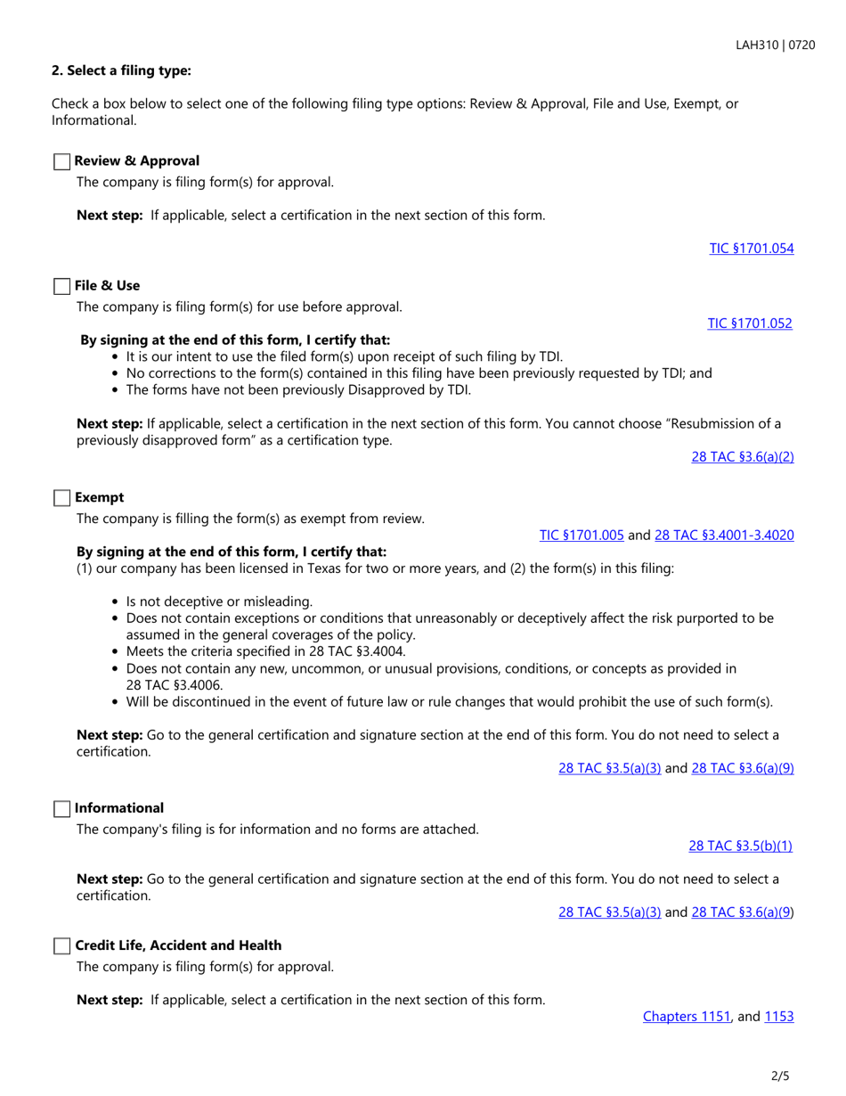 Form LAH310 Life and Health Transmittal Checklist and Certification Form - Texas, Page 2
