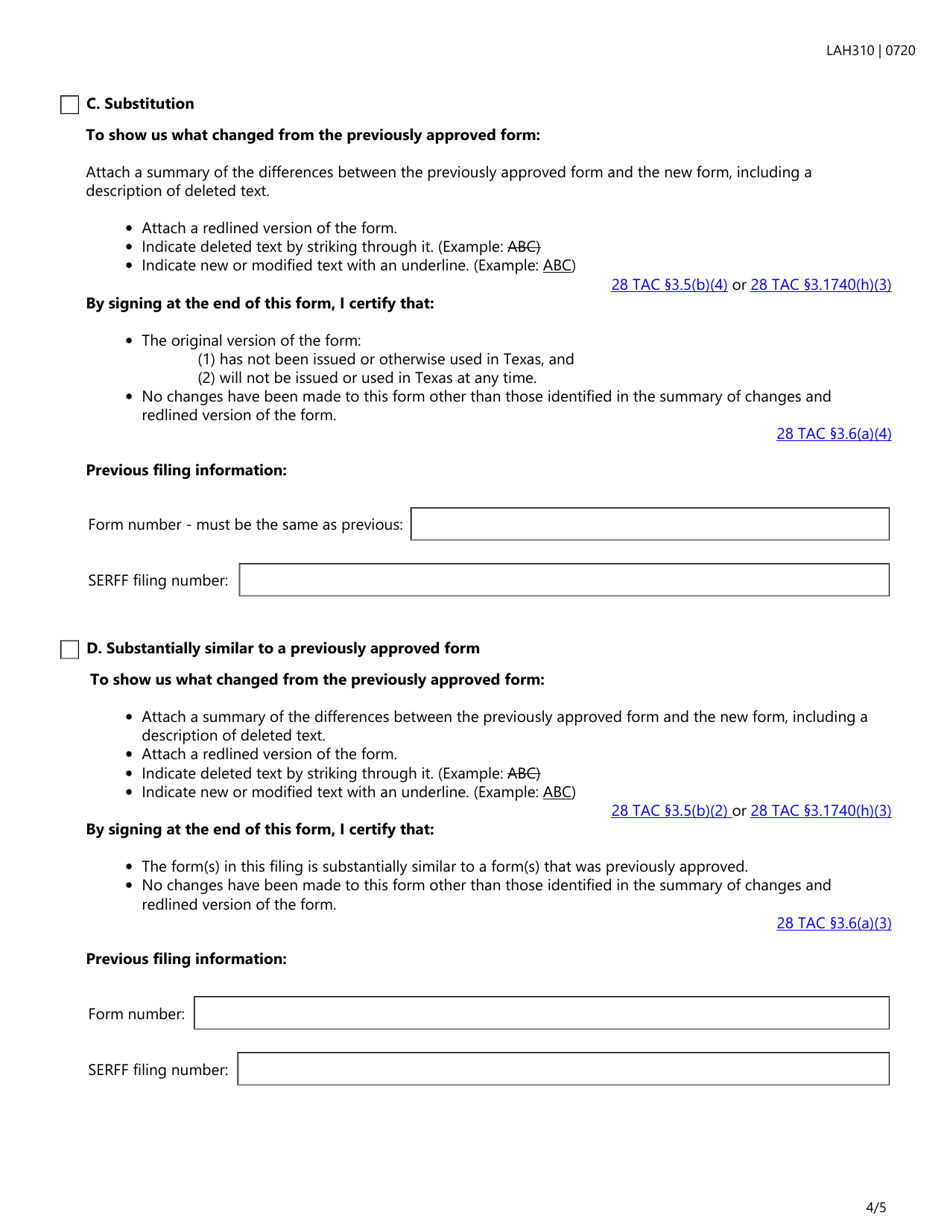 Form LAH310 Life and Health Transmittal Checklist and Certification Form - Texas, Page 4