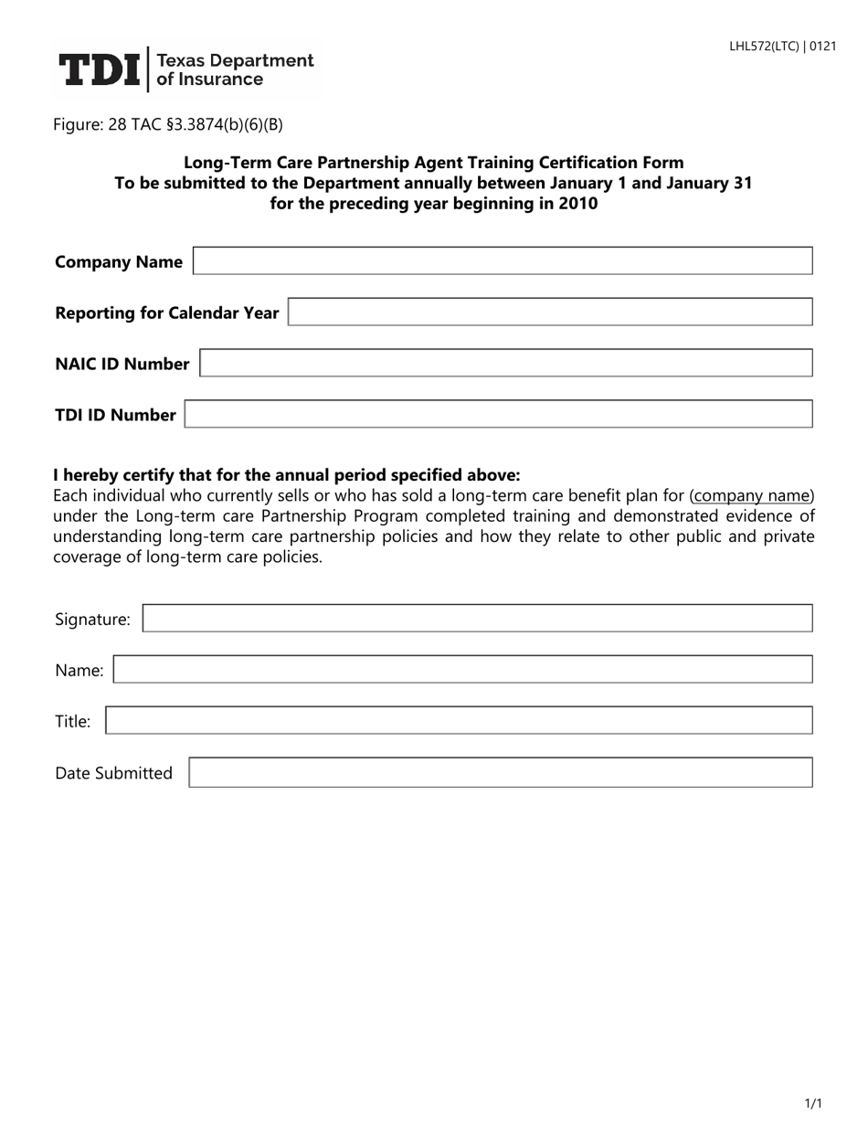 Form LHL572 Long-Term Care Partnership Agent Training Certification Form - Texas, Page 1