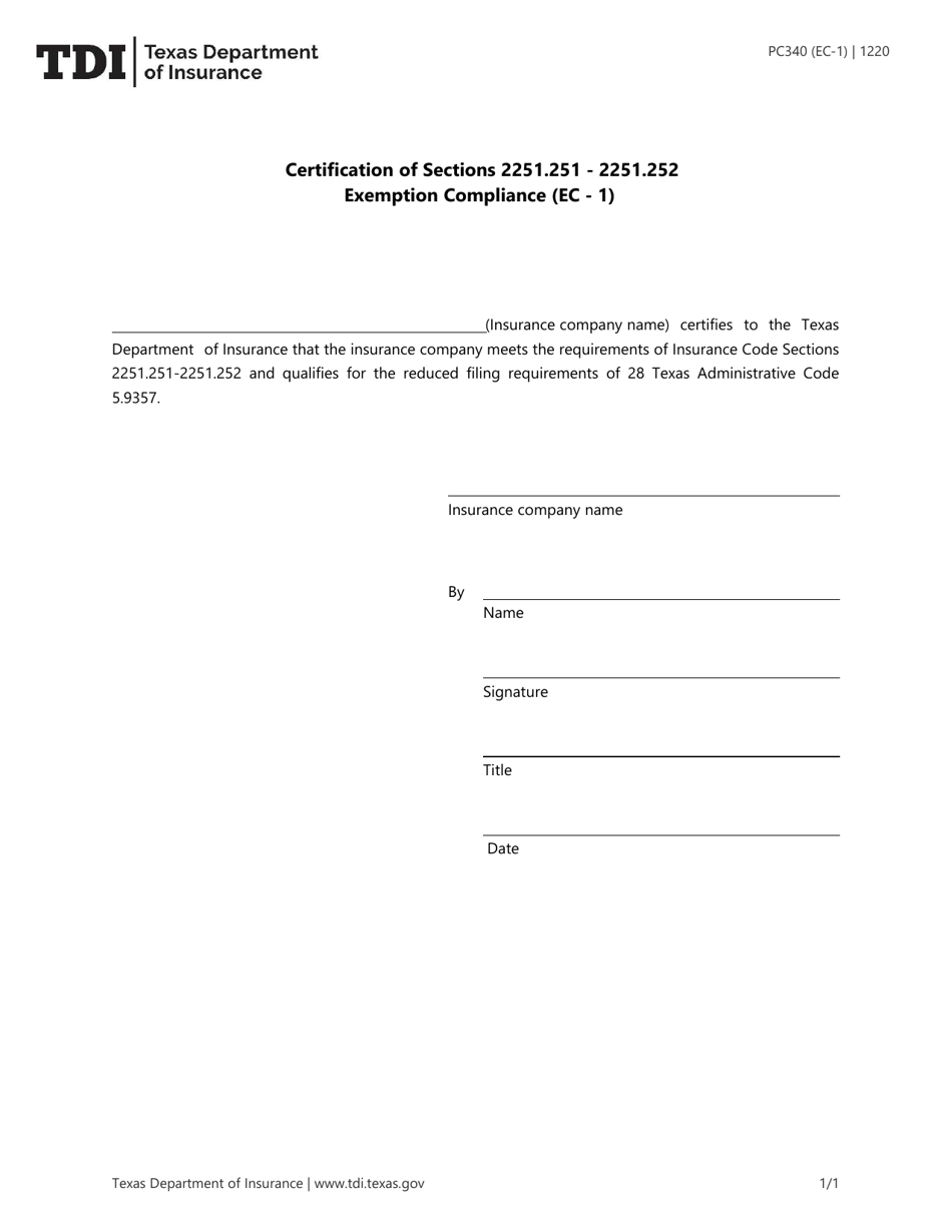 Form PC340 (EC-1) Certification of Sections 2251.251 - 2251.252 Exemption Compliance - Texas, Page 1