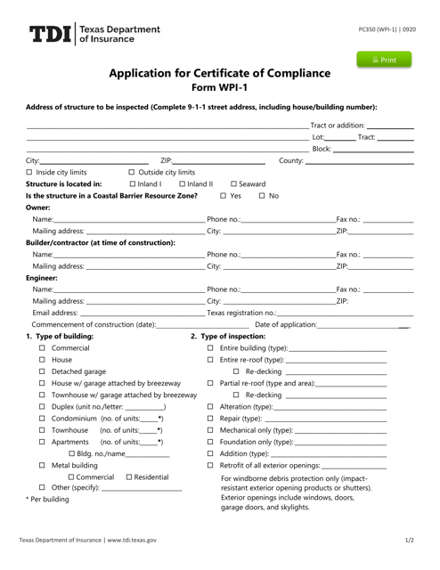 Form PC350 (WPI-1)  Printable Pdf