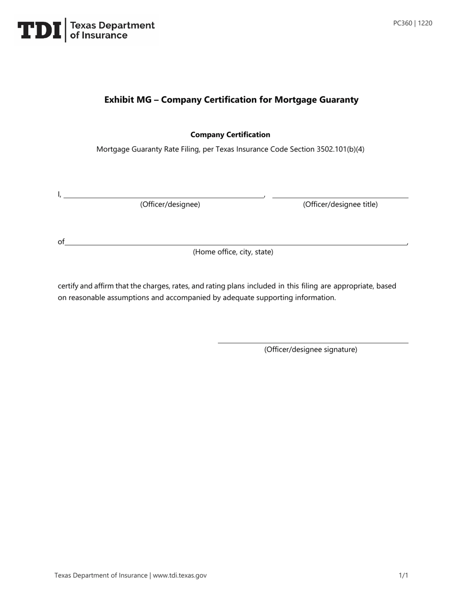 Form PC360 Exhibit MG Company Certification for Mortgage Guaranty - Texas, Page 1