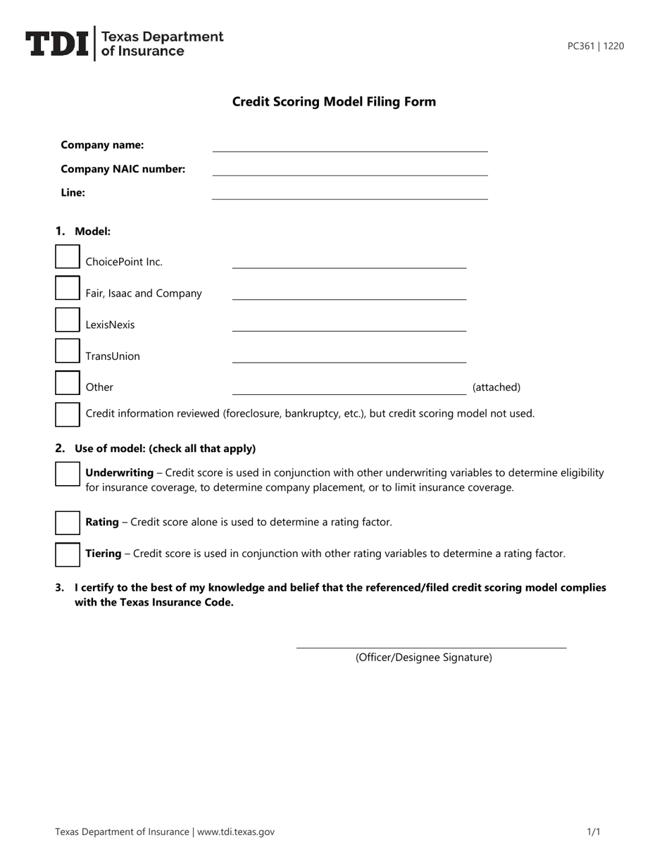 Form PC361 Credit Scoring Model Filing Form - Texas, Page 1