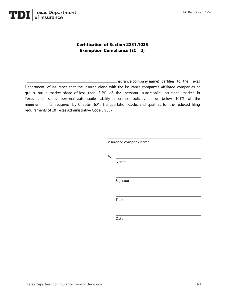 Form PC362 (EC-2) Certification of Section 2251.1025 Exemption Compliance - Texas, Page 1