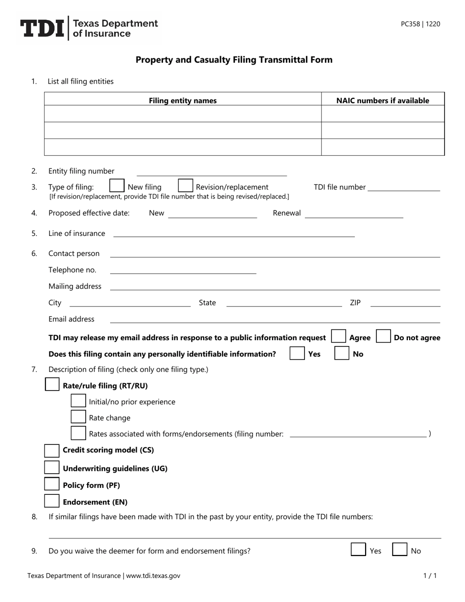 Form PC358 Property and Casualty Filing Transmittal Form - Texas, Page 1