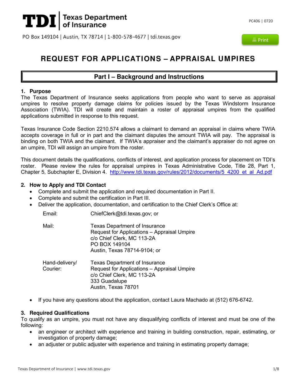 Form PC406 Request for Applications - Appraisal Umpires - Texas, Page 1