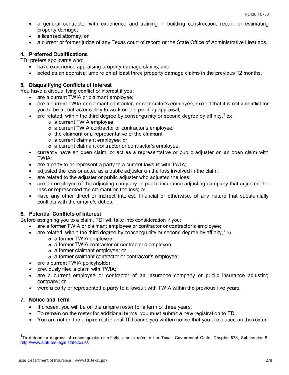 Form PC406 Request for Applications - Appraisal Umpires - Texas, Page 2