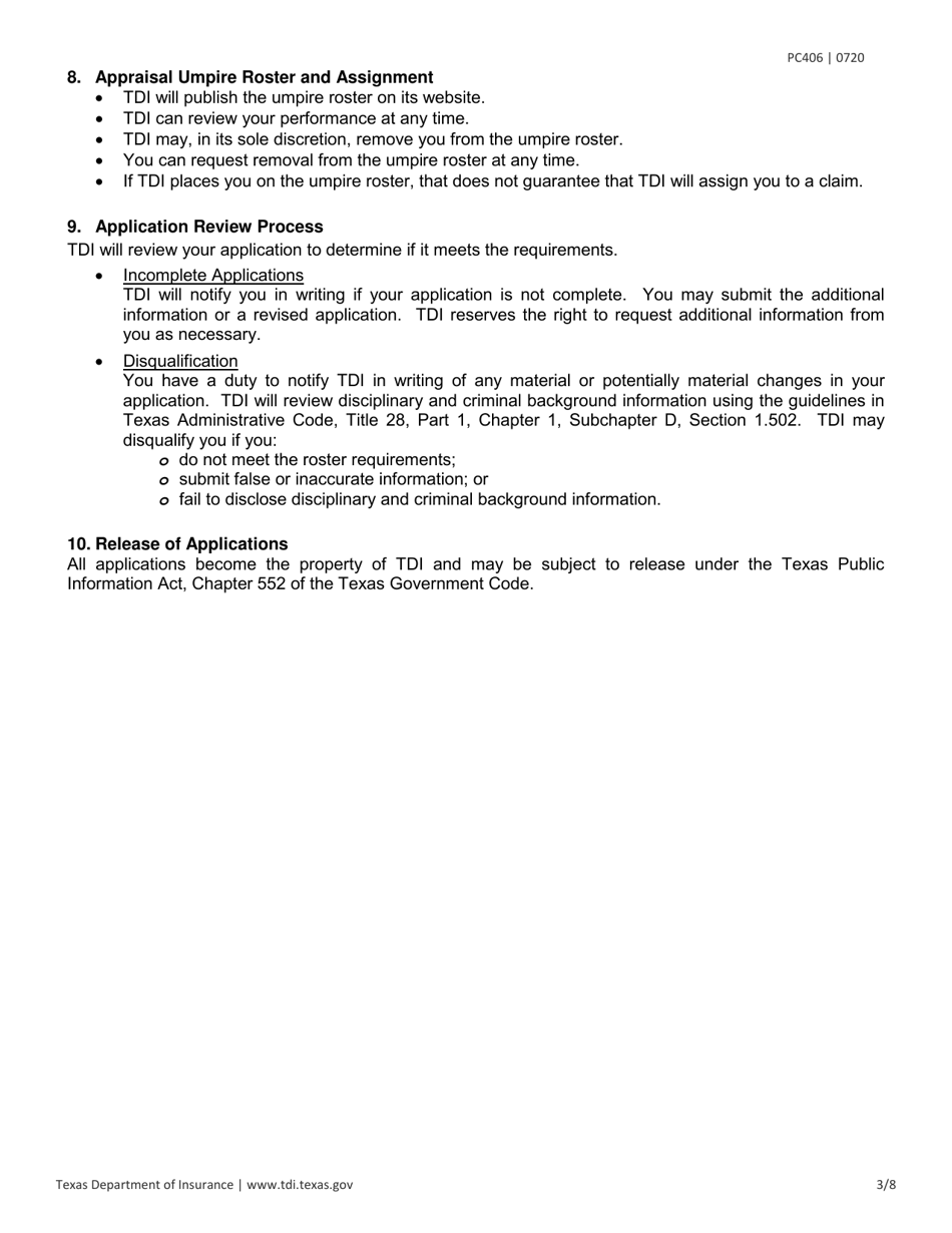 Form PC406 Request for Applications - Appraisal Umpires - Texas, Page 3