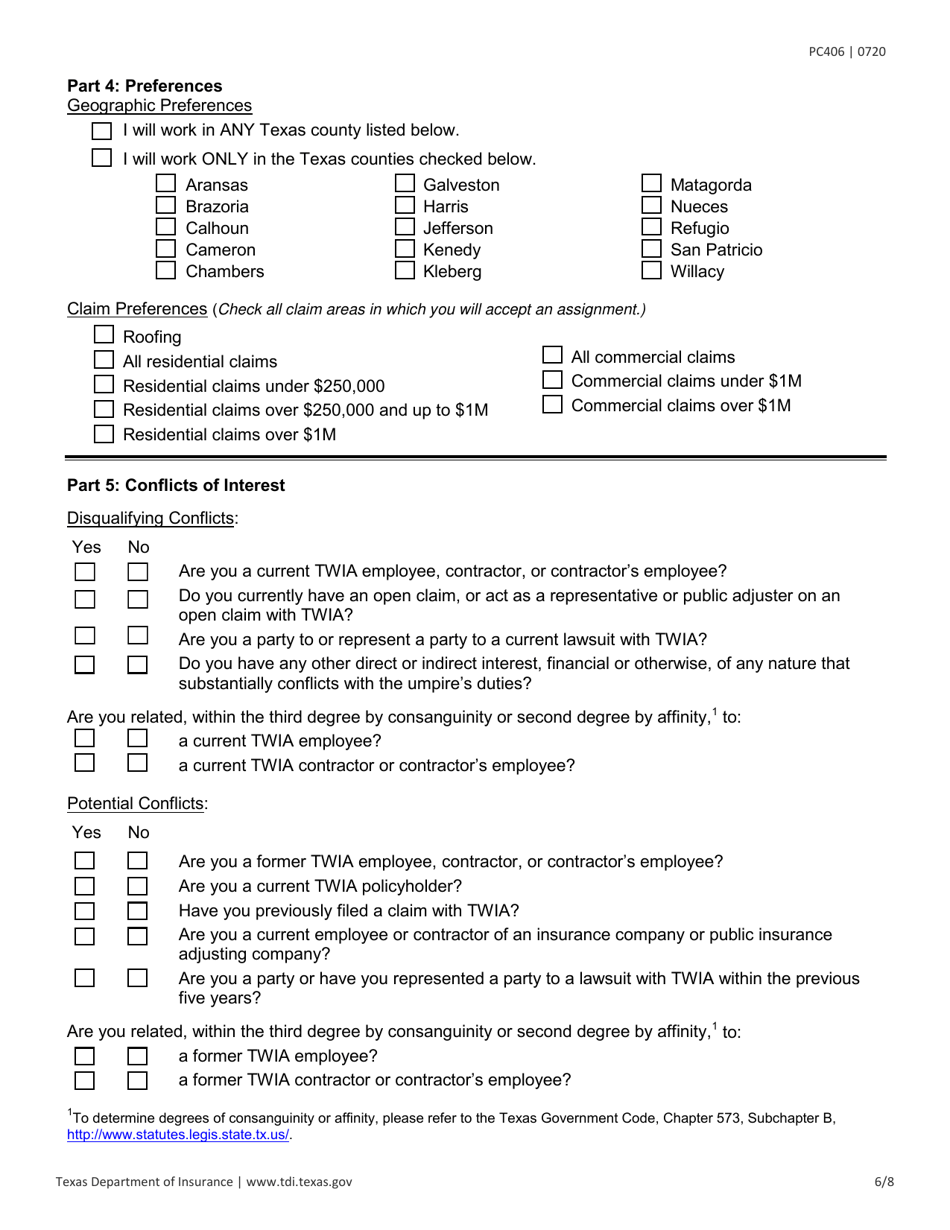 Form PC406 Request for Applications - Appraisal Umpires - Texas, Page 6