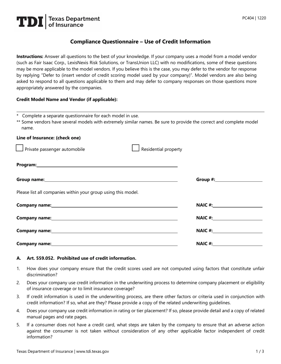 Form PC404 Compliance Questionnaire - Use of Credit Information - Texas, Page 1