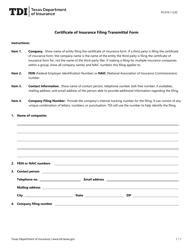 Document preview: Form PC419 Certificate of Insurance Filing Transmittal Form - Texas