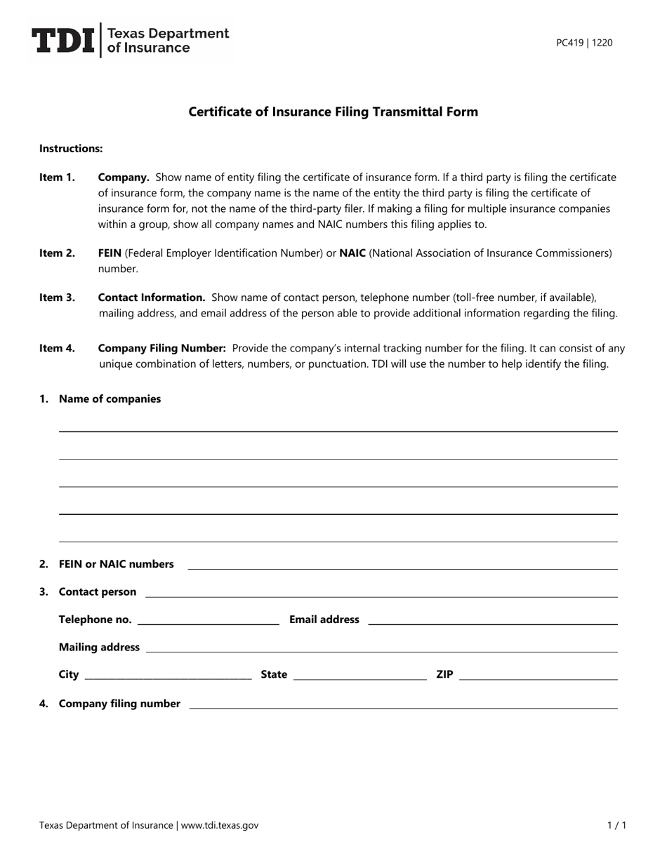 Form PC419 Certificate of Insurance Filing Transmittal Form - Texas, Page 1