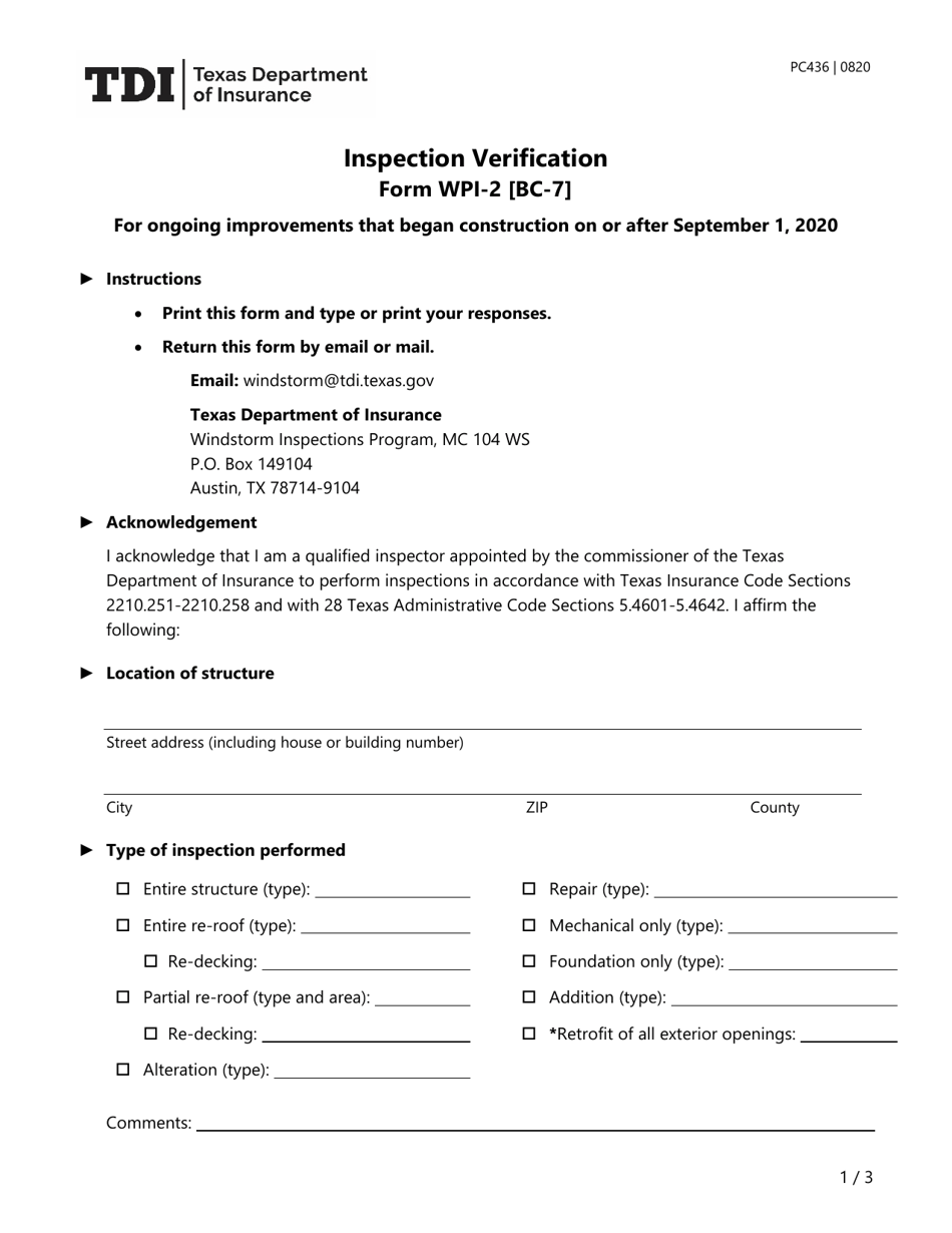 Form PC436 (WPI-2; BC-7) Inspection Verification - Texas, Page 1
