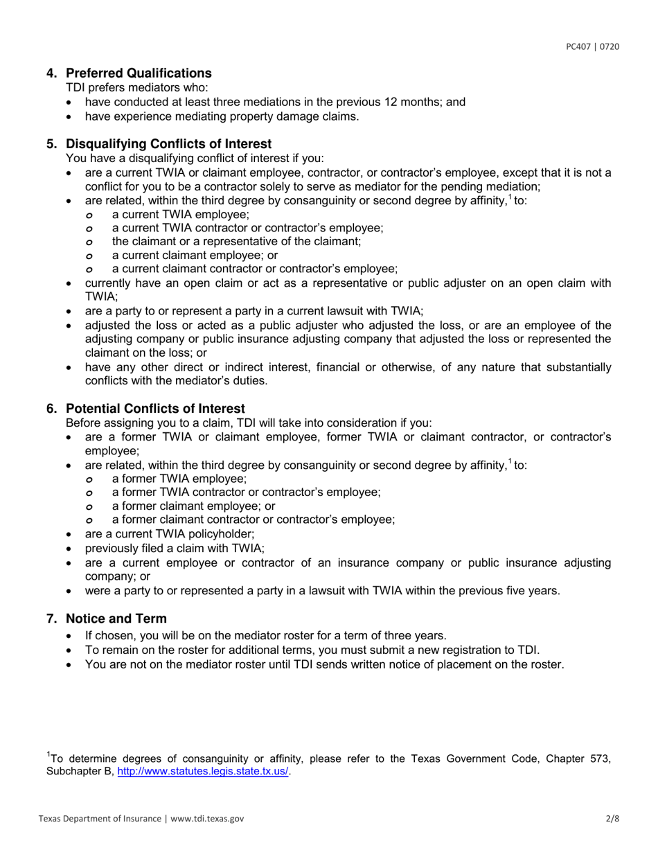 Form PC407 Request for Applications - Mediators - Texas, Page 2