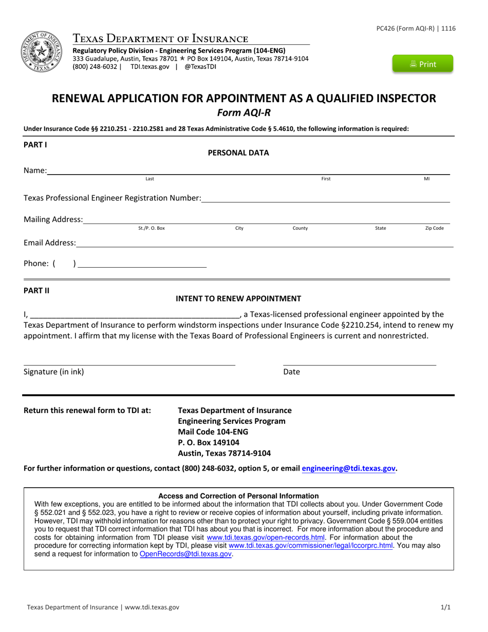 Form PC426 (AQI-R) Renewal Application for Appointment as a Qualified Inspector - Texas, Page 1