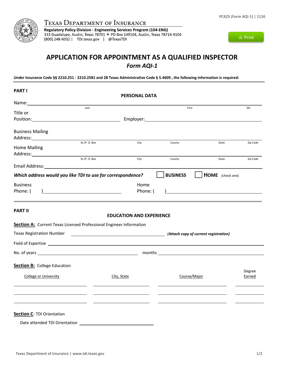 Form PC425 (AQI-1) Application for Appointment as a Qualified Inspector - Texas, Page 1