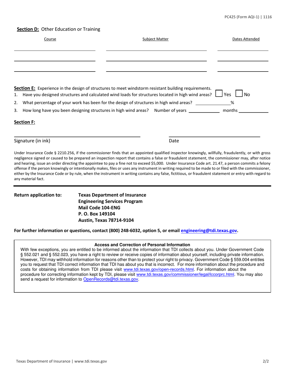 Form PC425 (AQI-1) Application for Appointment as a Qualified Inspector - Texas, Page 2