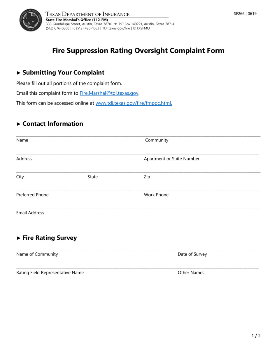 Form SF266 Fire Suppression Rating Oversight Complaint Form - Texas, Page 1