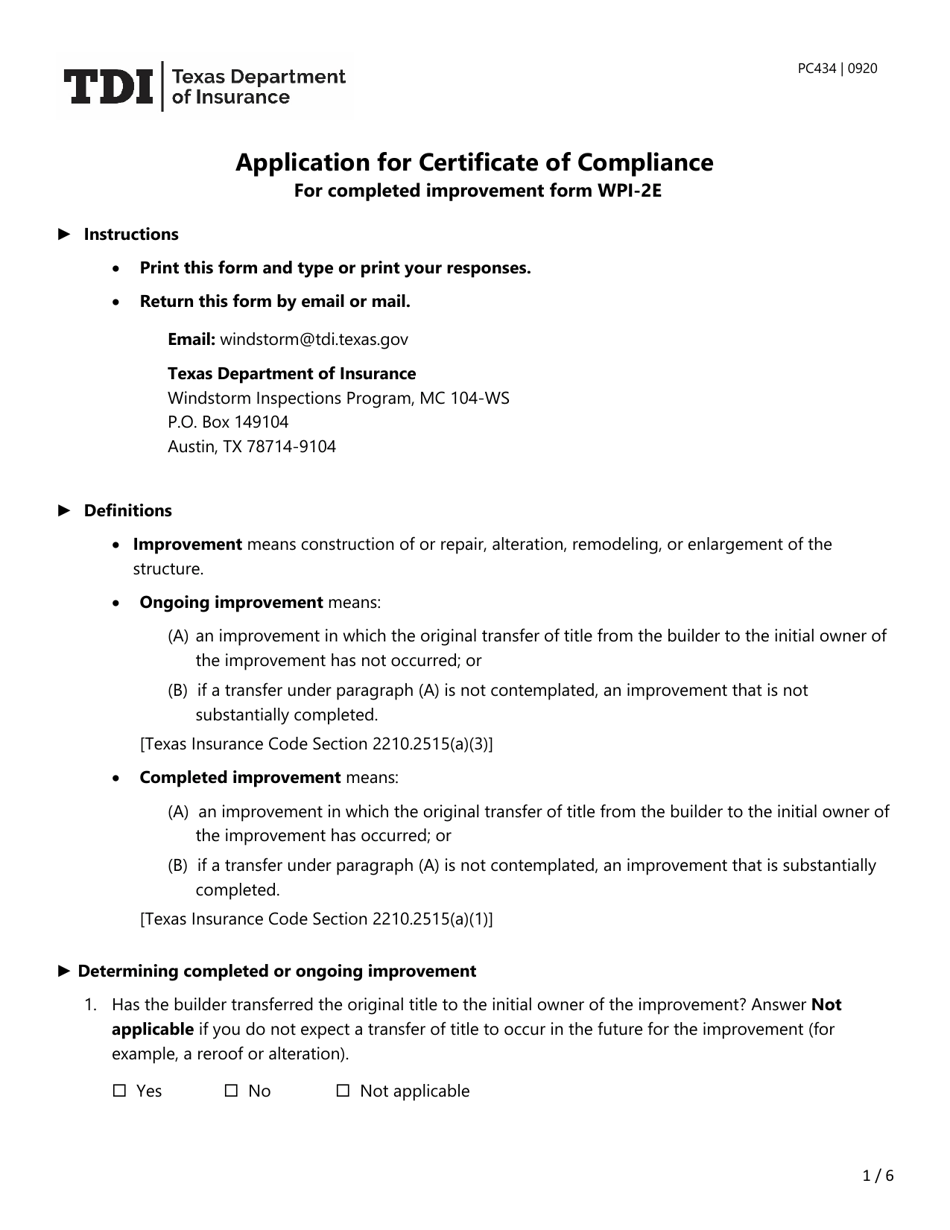 Form PC434 (WPI-2E) Application for Certificate of Compliance - Texas, Page 1