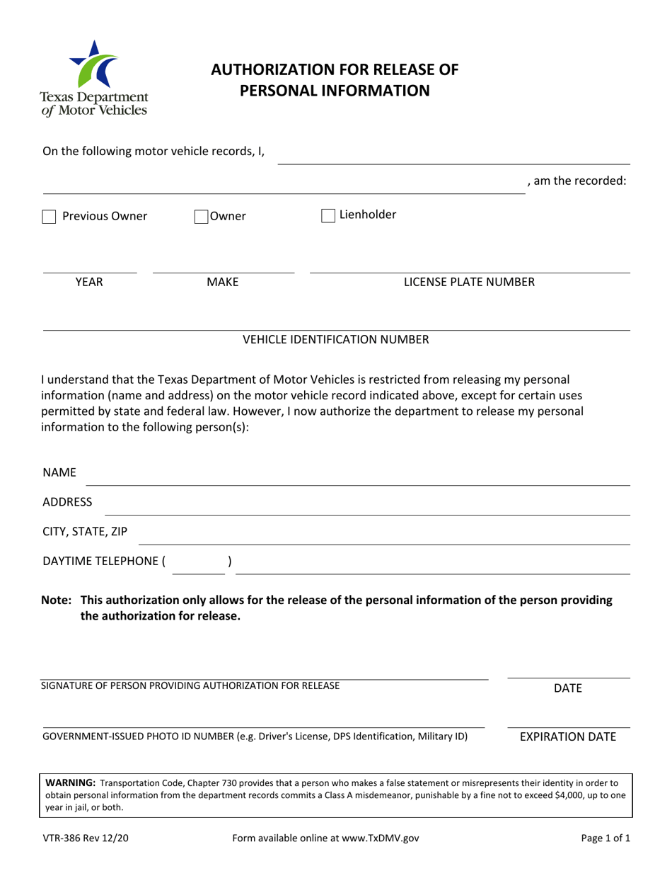 Form VTR-386 Authorization for Release of Personal Information - Texas, Page 1