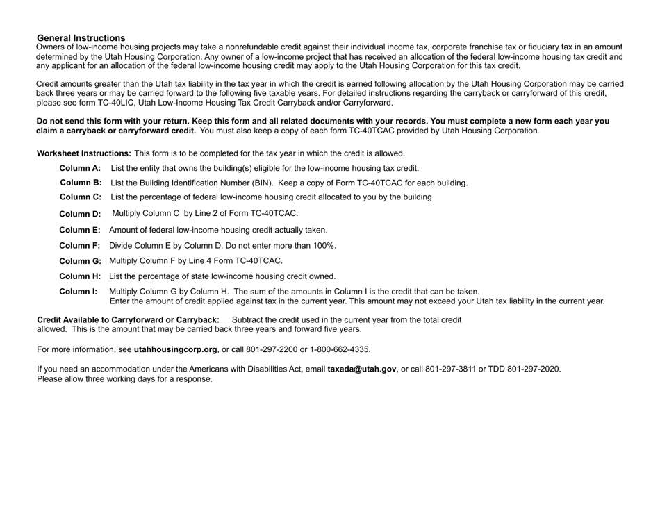 Form TC-40LI Summary of Utah Low-Income Housing Tax Credit - Utah, Page 2