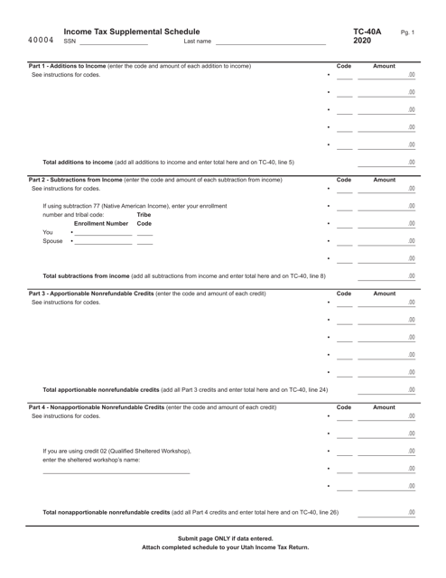 Form TC-40 Schedule A Income Tax Supplemental Schedule - Utah, 2020