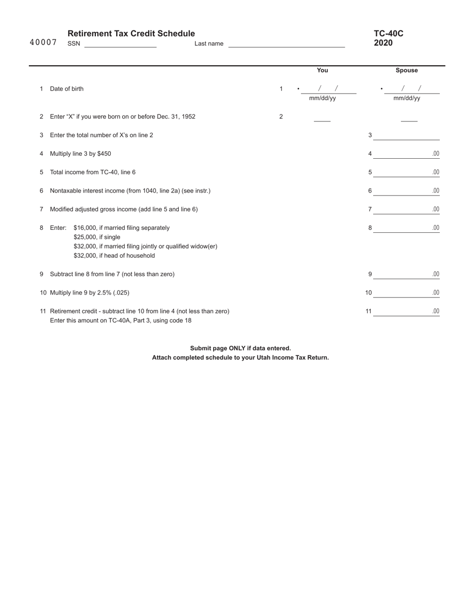 Form TC-40C Retirement Tax Credit Schedule - Utah, Page 1