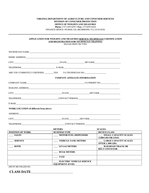 Application for Weights and Measures Service Technician Certification and Registration for Technician Training - Virginia