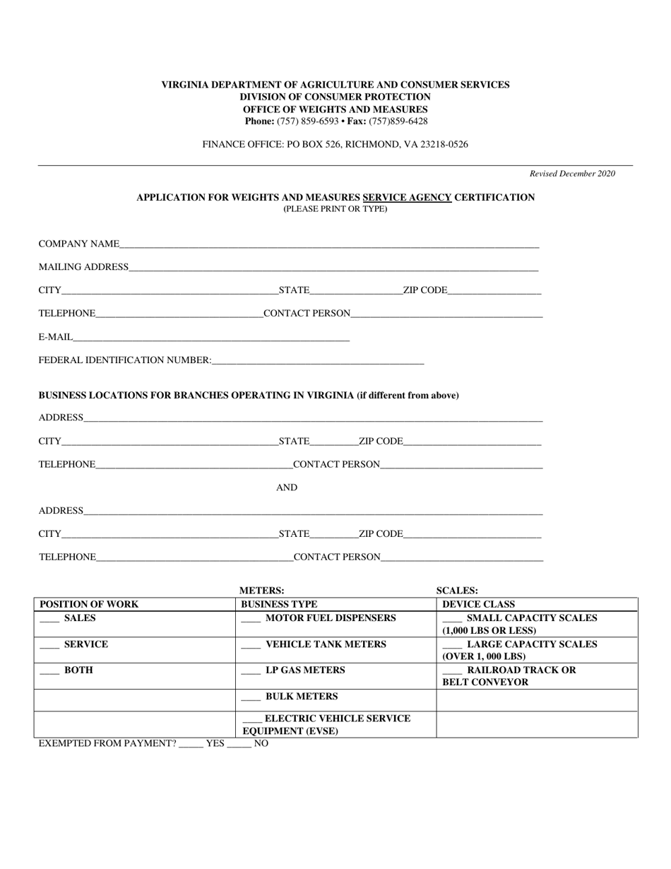 Application for Weights and Measures Service Agency Certification - Virginia, Page 1