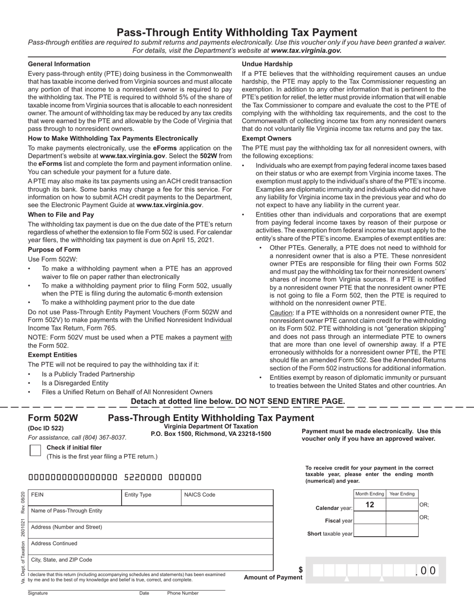 Form 502W Pass-Through Entity Withholding Tax Payment - Virginia, Page 1
