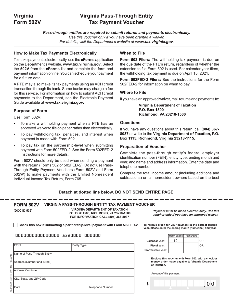 Form 502V Virginia Pass-Through Entity Tax Payment Voucher - Virginia, Page 1