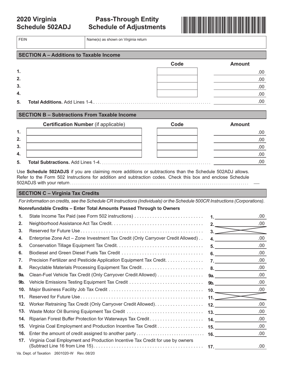 Schedule 502ADJ Pass-Through Entity Schedule of Adjustments - Virginia, Page 1