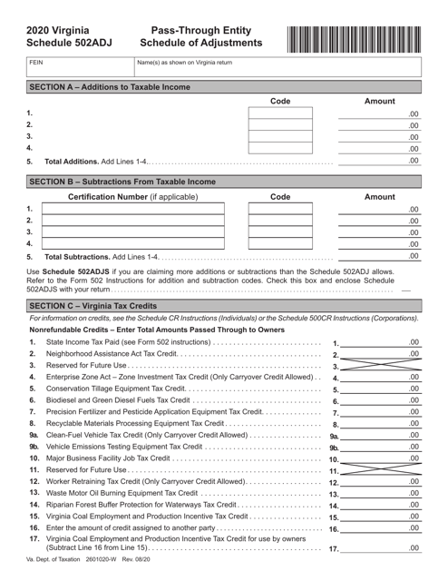 Schedule 502ADJ 2020 Printable Pdf