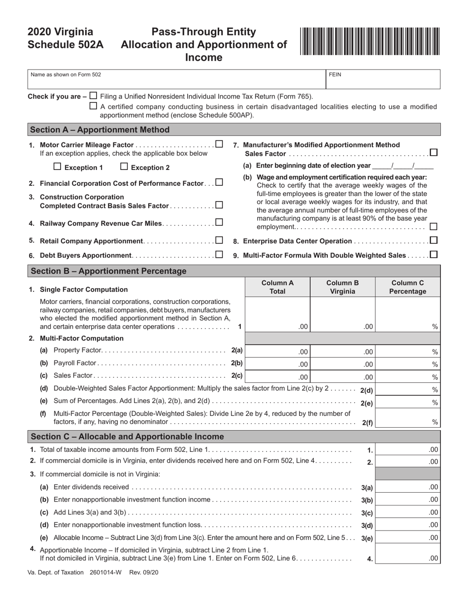 Schedule 502A Pass-Through Entity Allocation and Apportionment of Income - Virginia, Page 1