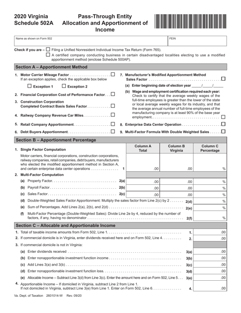 Schedule 502A 2020 Printable Pdf